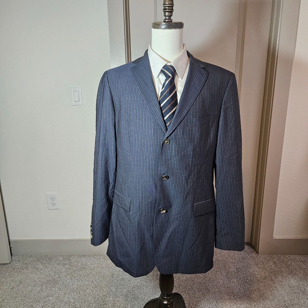 Boss Hugo Boss Suit Blazer Men 44L 100% Wool 2-Button Gray Pinstriped USA - EUC